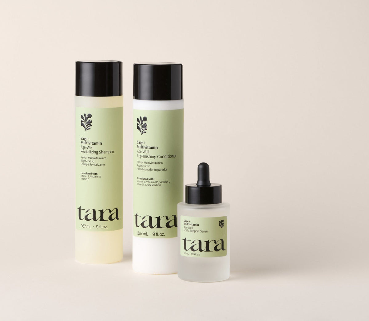 The three Age-Well products together: shampoo, conditioner and dropper serum