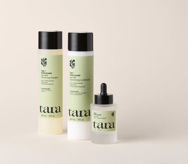 The three Age-Well products together: shampoo, conditioner and dropper serum