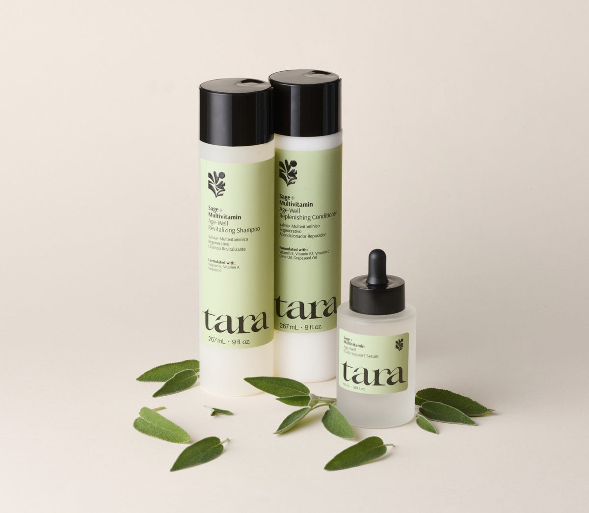 The three products arranged beside cut sage leaves