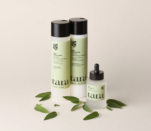 The three products arranged beside cut sage leaves
