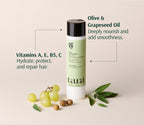 Ingredient diagram: the conditioner bottle with grapes, olives and sage, labeling olive and grapeseed oils and vitamins A, E, B5 and C