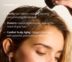 Information card over a photo of the dropper applying serum along a parted scalp, carrying the same three stated aims