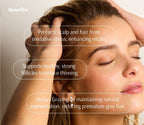 Information card over a photo of a woman running both hands back through her hair, carrying the same three stated benefits